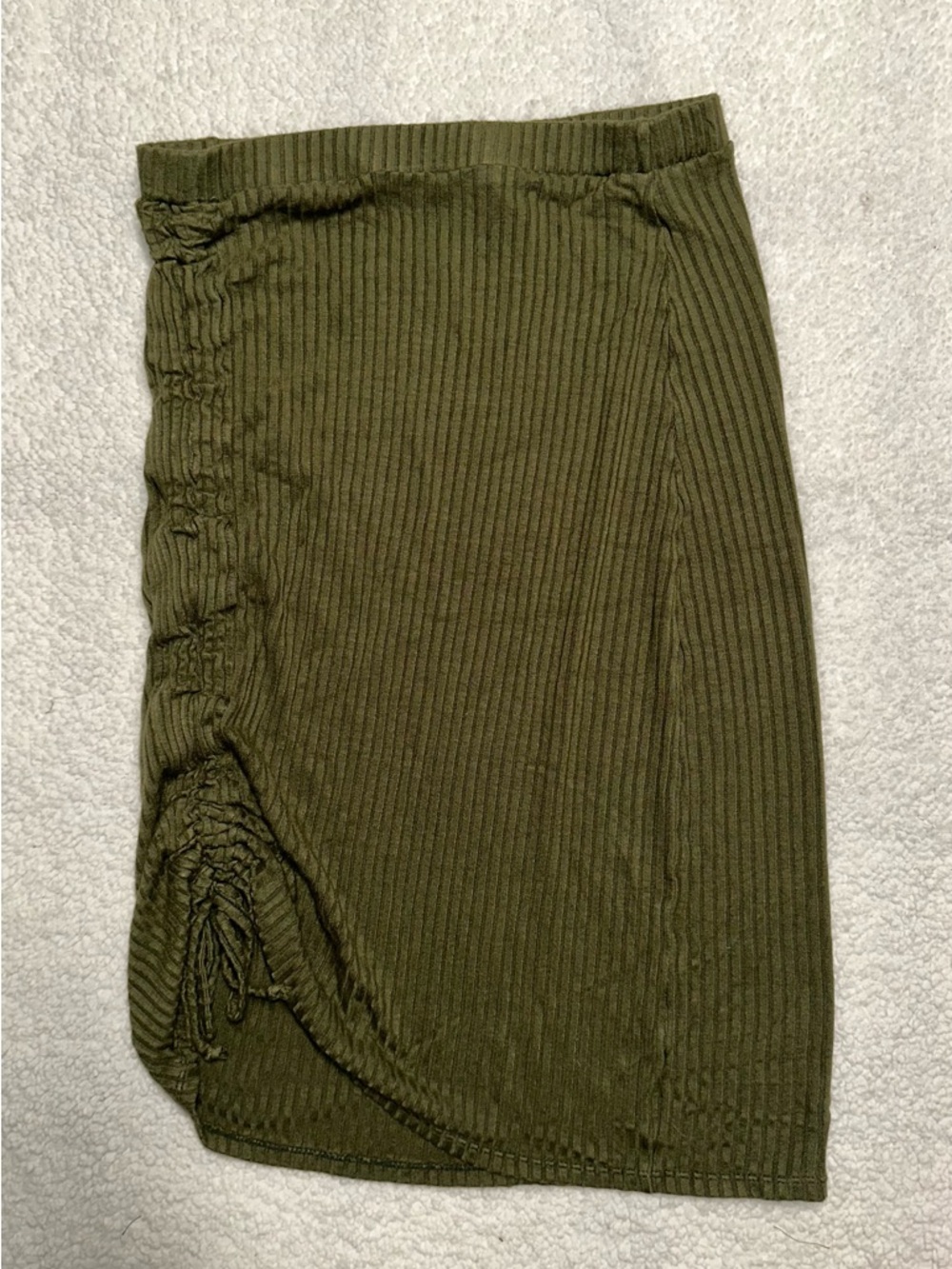 Let’s Gym Olive Green Ribbed Midi Skirt with Side Drawstring
